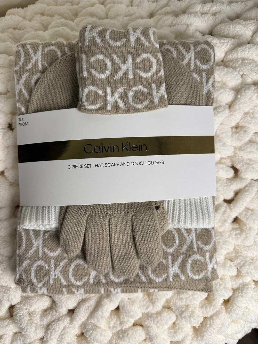 Calvin Klein Beige and White Logo Knit Hat, Scarf & Gloves Set